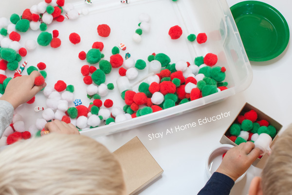 pom pom Christmas sensory bin for preschoolers