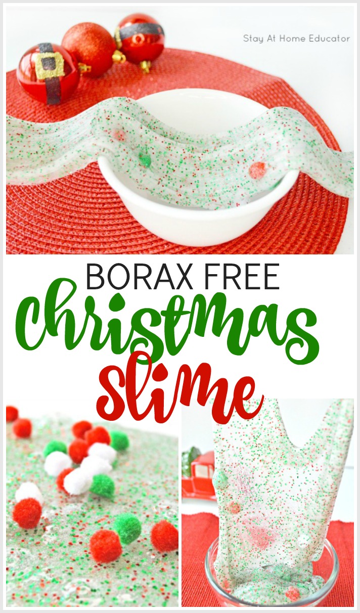 three images of borax free Christmas slime for preschoolers in a pinnable collage