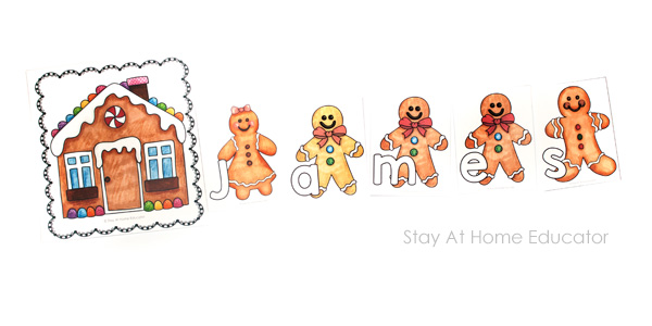 gingerbread alphabet activities | gingerbread alphabet cards lined up to create the name James | 