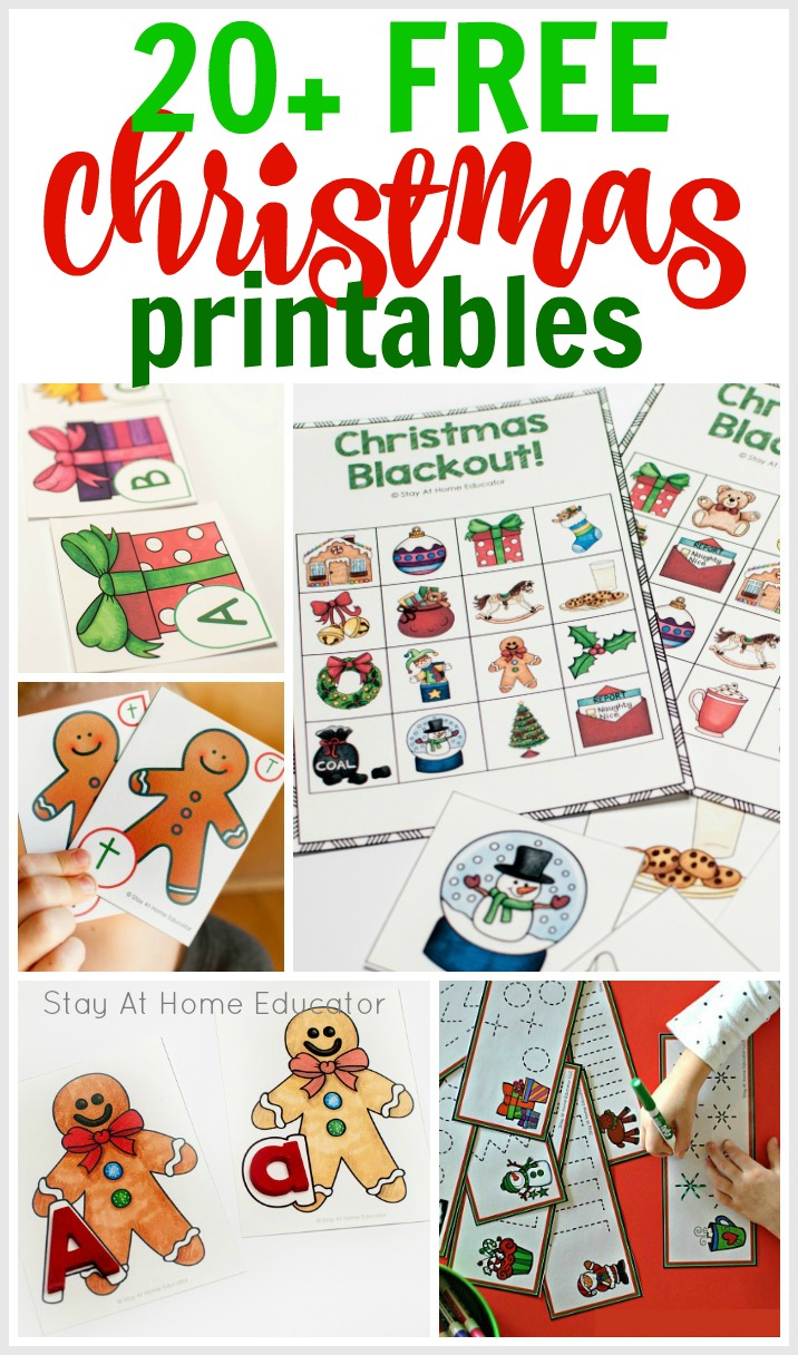 Free Christmas Printables for Preschoolers| collage image titled "20+ Free Christmas Printables"| collage includes several Christmas printable activities| Includes festive activity images like snowmen, gingerbread men, presents, and more| preschool Christmas printables