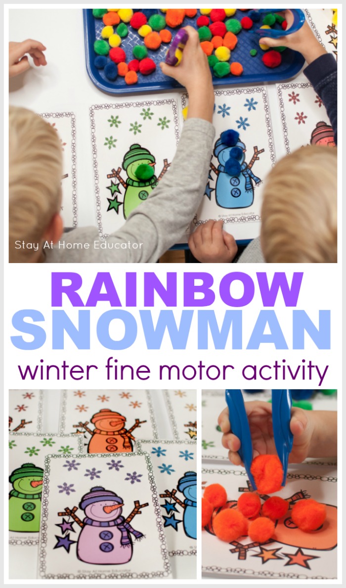 rainbow snowman printables for teaching colors and develop winter fine motor activities