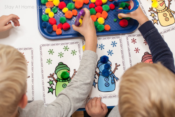 sorting pompoms with printable snowmen winter fine motor activities