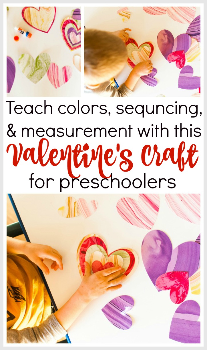 teach your preschooler colors, sorting, measurement, and sequencing with this simple hearts craft for Valentine's Day