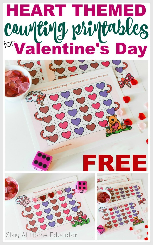 free printable heart themed counting printables for Valentine's Day