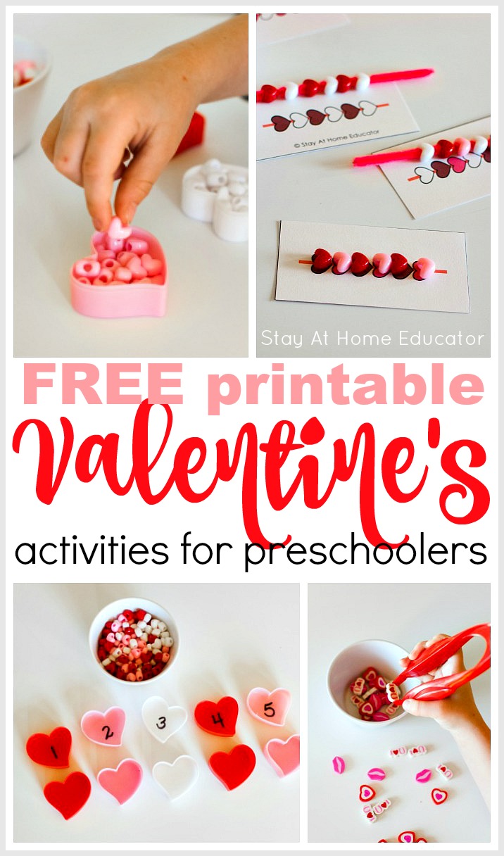 four Montessori inspired Valentine's tray for preschoolers including free printable heart patterning cards