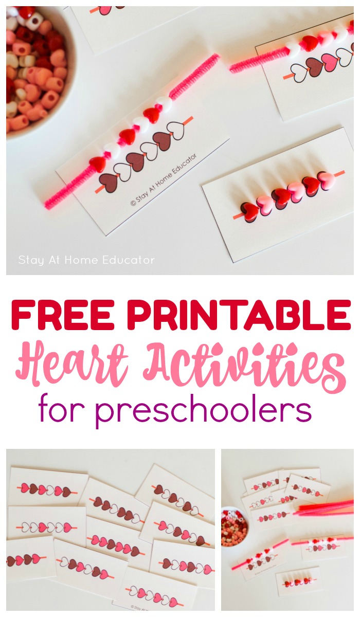 free heart patterning printable task cards for preschool centers and kindergarten Valentine's math activities