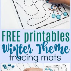 winter preschool prewriting printables| Collage image with title: Free Printables: winter theme tracing mats| 3 different images show a child's hand working on the snowman tracing mats in a variety of ways|