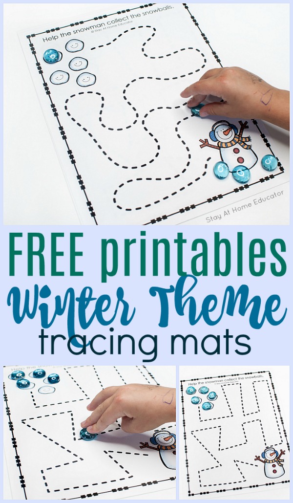 winter preschool prewriting printables| Collage image with title: Free Printables: winter theme tracing mats| 3 different images show a child's hand working on the snowman tracing mats in  a variety of ways|