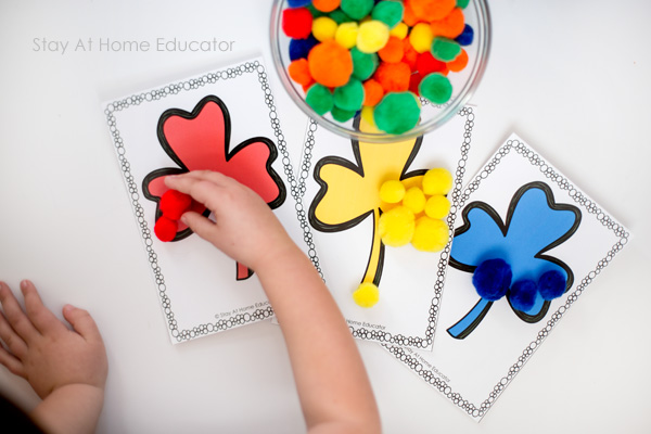 child and color sorting printable activities with shamrock mats