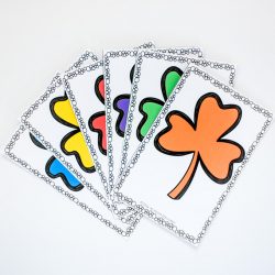 rainbow shamrock color sorting cards in red, orange, yellow, green, blue, violet | St. Patricks Day preschool lesson plans | rainbow theme preschool lesson plans | color sorting activities for preschoolers and toddlers |