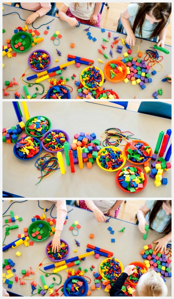 children using rainbow loose parts as part of teaching colors to preschoolers