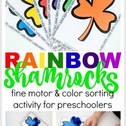 rainbow shamrock color sorting cards in red, yellow, orange, green, blue, and violet with text that says Rainbow shamrocks fine motor and color sorting activity for preschoolers | St. Patricks Day preschool lesson plans | rainbow theme preschool lesson plans | color sorting activities for preschoolers and toddlers |