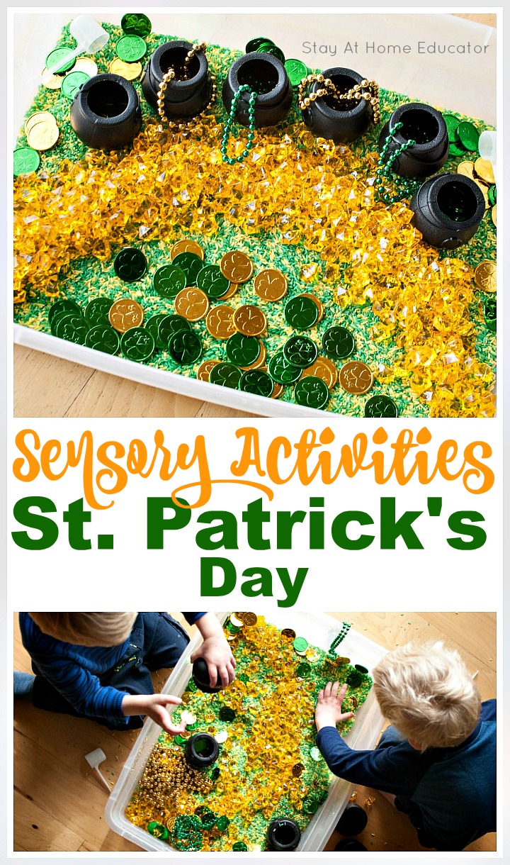 St. Patrick's Day themed sensory bin featuring green and gold