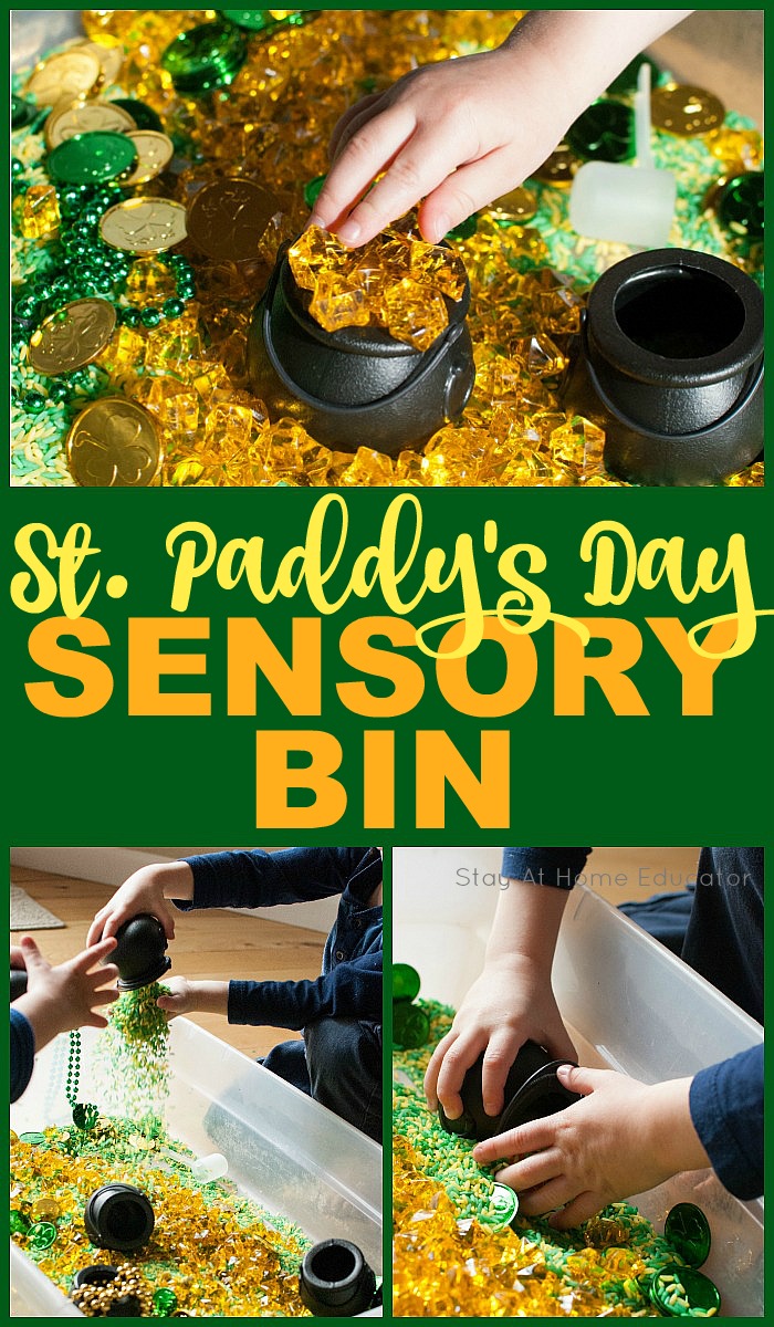 St. Patrick's Day themed sensory bin featuring green and gold