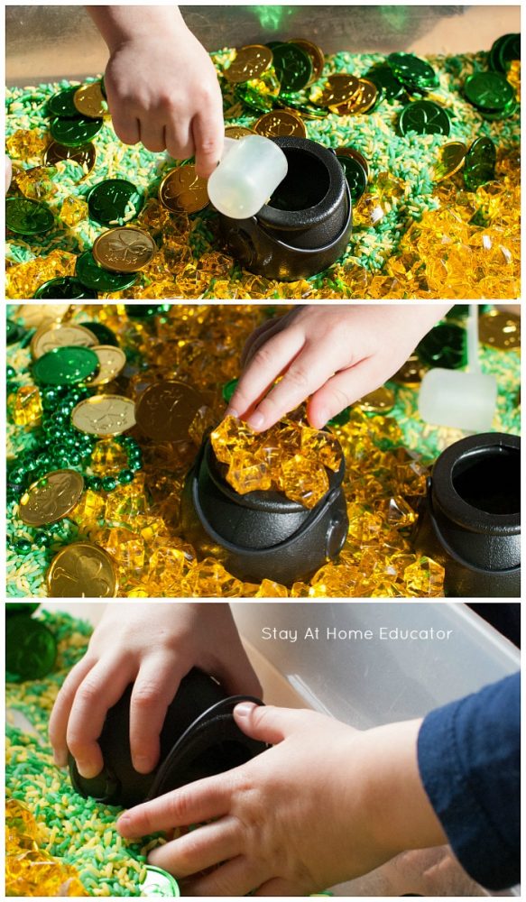 collage of child's hands in St. Patrick's Day sensory bin