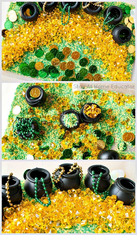 collage of St. Patrick's Day sensory bin