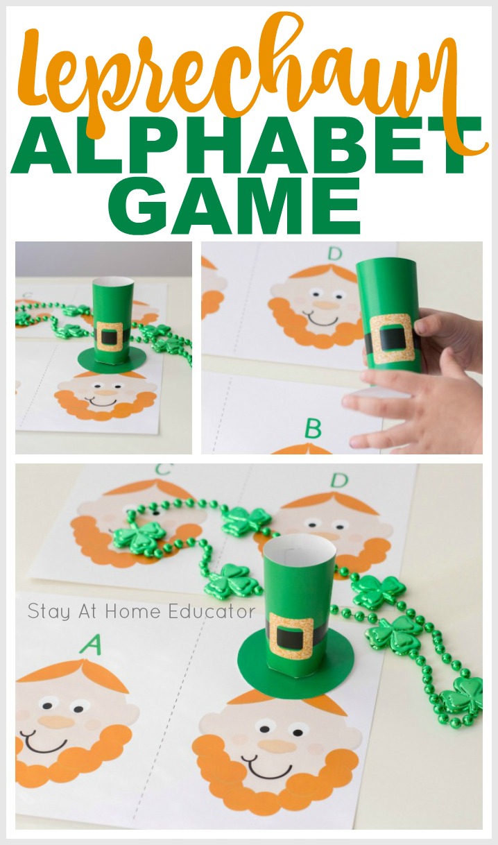 Leprechaun printable alphabet game for preschoolers| Collage image has words "Leprechaun Alphabet Game" and 3 different images showing a leprechaun face with various letters and a leprechaun hat used to mark the letters| All images are part of free leprechaun printable|