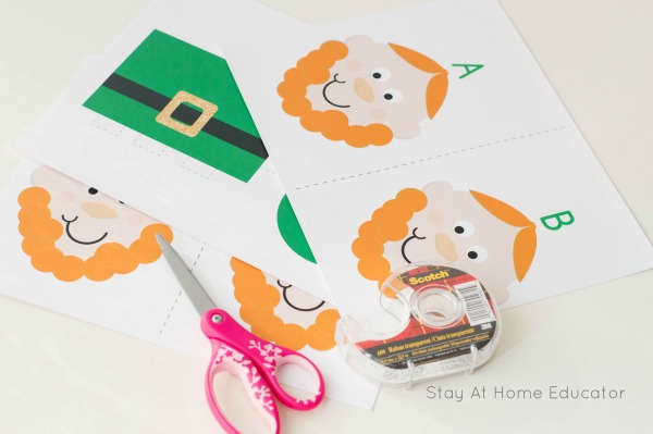 leprechaun printable alphabet game with tape and scissors, Leprechaun printable alphabet game for preschoolers, printable alphabet games, leprechaun hat free template. St. Patrick's Day lesson plans, leprechaun game for preschool