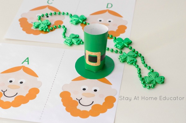 leprechaun printable alphabet game with St. Patrick's Day beads| Free printable includes leprechaun faces with letters on top and a template to make a leprechaun hat|