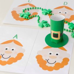 shamrock beaded necklace on the leprechaun alphabet game | St. Patrick's Day preschool activities |