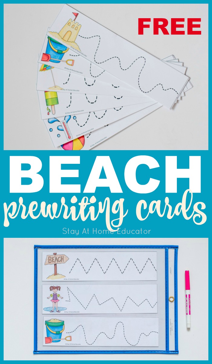 free beach theme printables to add to your preschool writing centers including beach theme printable tracing cards, beach theme printable fine motor mats, beach theme printable prewriting activities