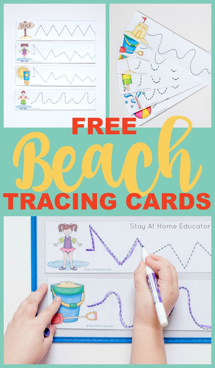 free beach theme printables to add to your preschool writing centers including beach theme printable tracing cards, beach theme printable fine motor mats, beach theme printable prewriting activities