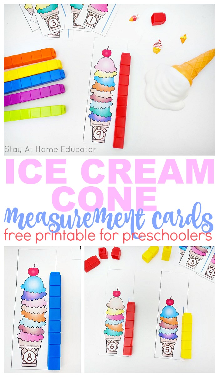 printable ice cream cone measurement cards for preschool summer learning activities