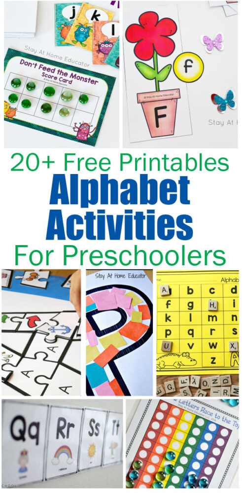 20 Free Printables for helping teach the alphabet for preschoolers. This helps with letter recognition and formation as well as fine motor skills, sensory elements, matching and more. 