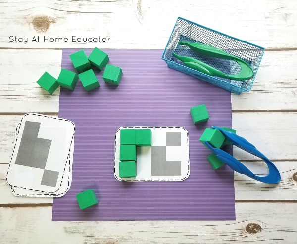 pattern cards covered in small green blocks that are an easy pattern activity for preschoolers