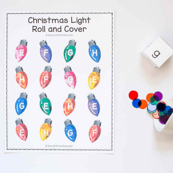 Christmas alphabet activities | Christmas letter recognition activities, beginning sound, sight words | Christmas literacy activities for preschoolers | Christmas lights roll and cover alphabet game