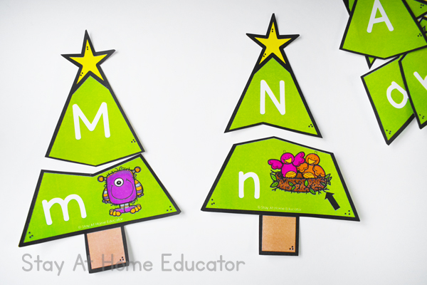 Free Printable Christmas Tree Beginning Sound Puzzles PLUS 10 ways to use them with your preschoolers! #christmasactivities #literacyactivities #preschoolteacher #christmastrees