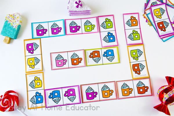 A fun set of Hot Cocoa Preschool Activities including a fun printable dominoes game perfect for preschoolers. This activity helps with sorting and comparison! #preschoolprintable #freeprintablegame #simplemath #preschoolteacher