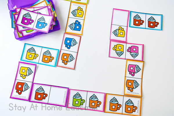 A fun set of Hot Cocoa Activities including a fun printable dominoes game perfect for preschoolers. This activity helps with sorting and comparison! #preschoolprintable #freeprintablegame #simplemath #preschoolteacher