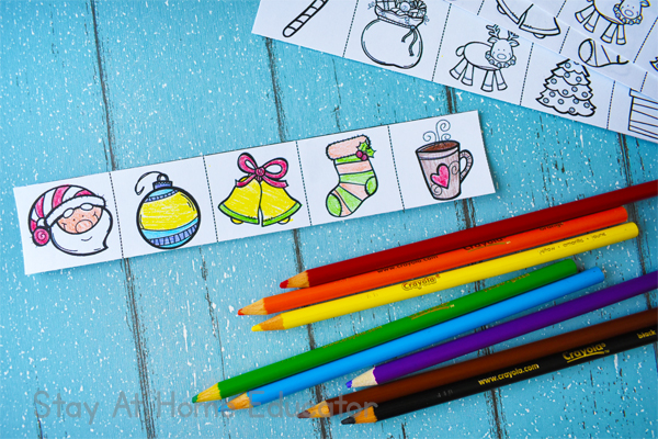 Christmas cutting practice | mini Christmas images in b/w invite preschoolers to color with crayons, markers, or colored pencils | pre-writing skills | scissor skills |