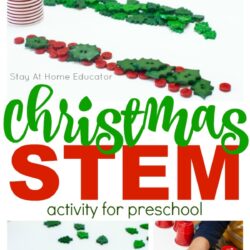Christmas stem activities for preschool| three views of a Christmas invitation to play in a pinnable collage| Images include red and green holiday buttons and red plastic cups| text states "Christmas stem activity for preschool" |