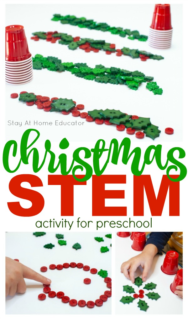 three views of a Christmas invitation to play in a pinnable collage with the text Christmas stem activity for preschool 