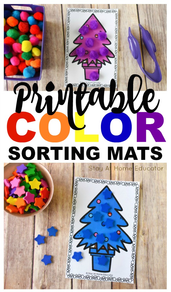 Teach colors to preschoolers with free rainbow Christmas trees color sorting mats