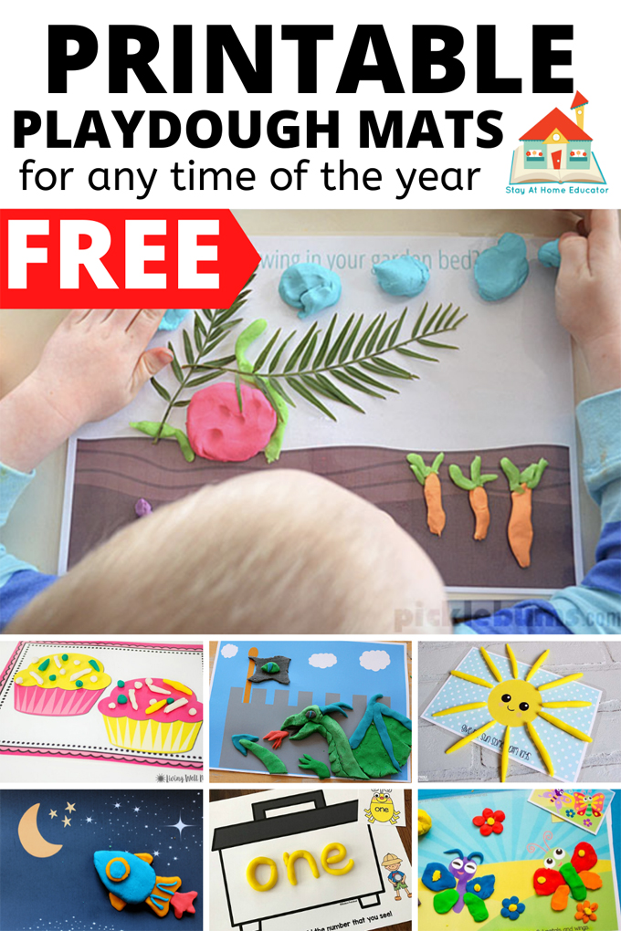 30 free printables to make playdough more fun| collage with the title on top, "Printable Playdough Mats For Any Time of the Year"| "FREE" written in all caps| photo from above of a child playing with a planting playdough mat with playdough carrots, leaves, and clouds| collage has 6 equally divided sections on the bottom, with 6 diferent playdough mats with playdough| mat with image of two cupcakes and playdough sprinkles| mat with a castle image and a playdough dragon and flag| mat with sun image and playdough sun rays| mat with outerspace image and playdough rocket ship| mat with a bug box and small boy collecting bugs, and the number word "one" in playdough, plus a cute bug card that says "one"| an outdoor grass, sun and sky playdough mat with playdough butterflies and flowers|