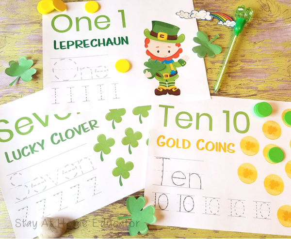 number tracing worksheets for number 1, 7, and 10 | preschool number tracing worksheets| St. Patrick's day preschool activities |