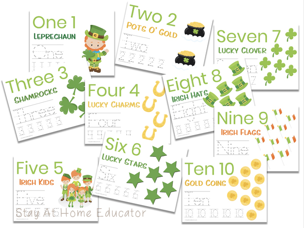 St. Patrick's day number tracing worksheets number cards 1-10 | preschool number tracing | number formation worksheets |