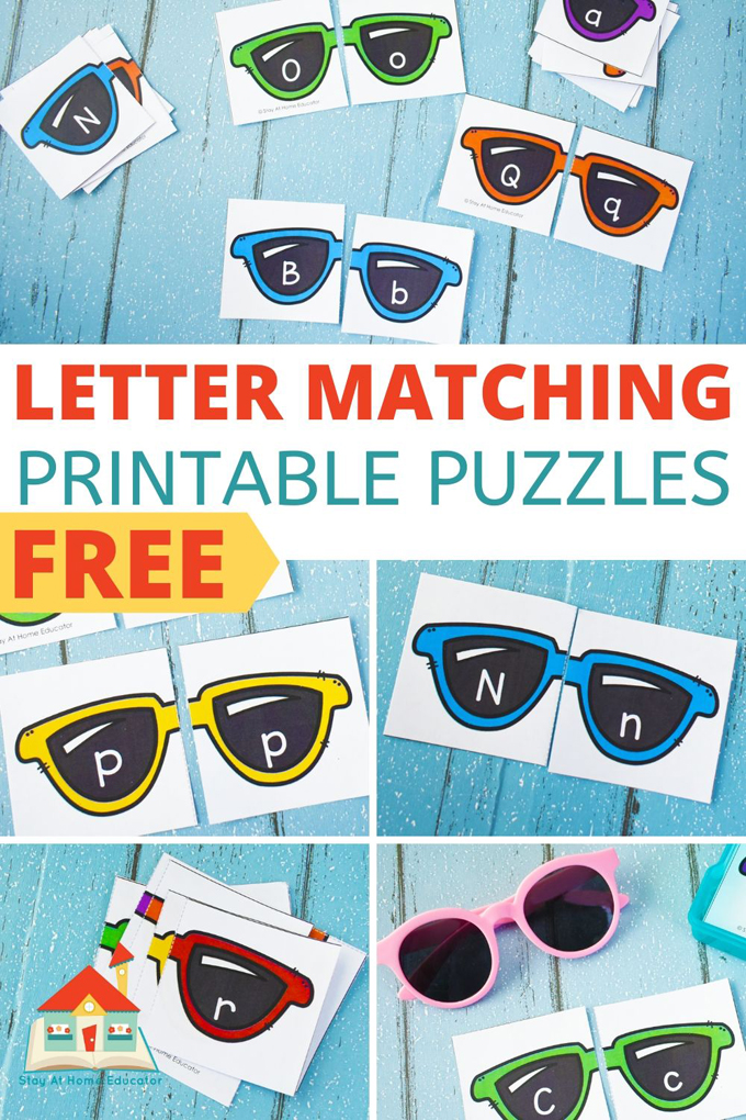 letter matching printable puzzles in sunglasses shape for summer