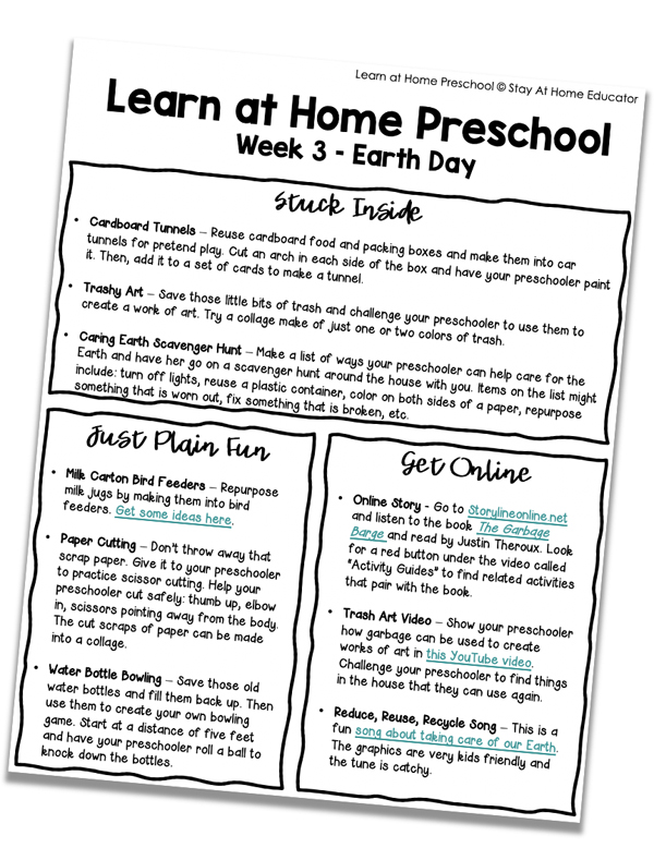 Learn At Home Preschool Lesson Plans for Earth Day