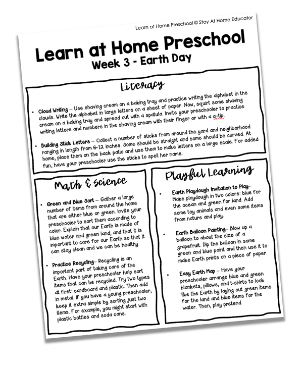 Free Learn At Home Preschool Earth Day activities