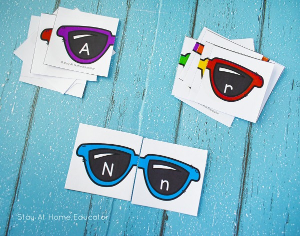 sunglasses printable puzzle for matching upper and lower case letters - summer alphabet activities for preschoolers