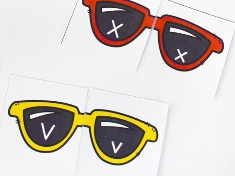 Preschool alphabet sunglasses printable pieces arranged for letter-matching practice.