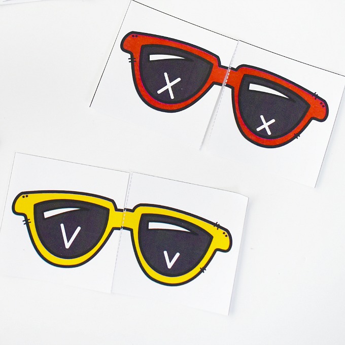 sunglasses letter matching puzzles, letters v and x, alphabet activities for preschoolers