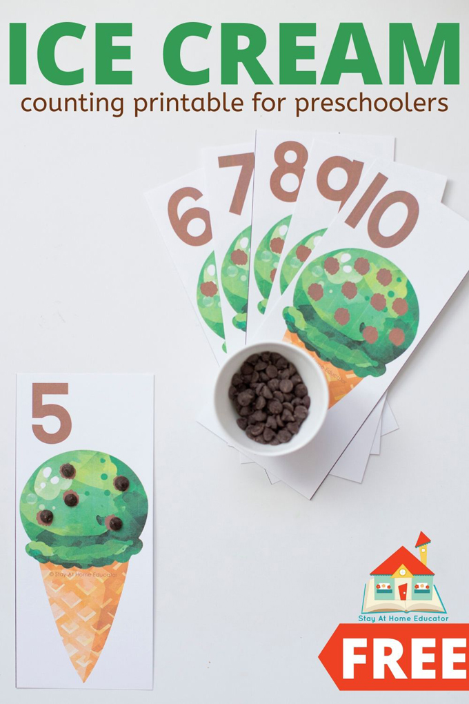 ice cream activities for preschoolers featuring mint chocolate chip ice cream counting cards using chocolate chips for counting manipulatives