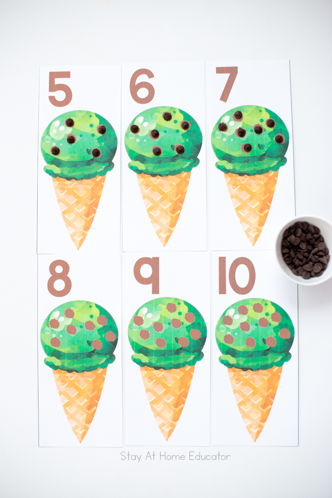 ice cream activities for preschoolers using ice cream cone counting cards to teach one to one correspondence and number order. Use these in ice cream them preschool lesson plans.