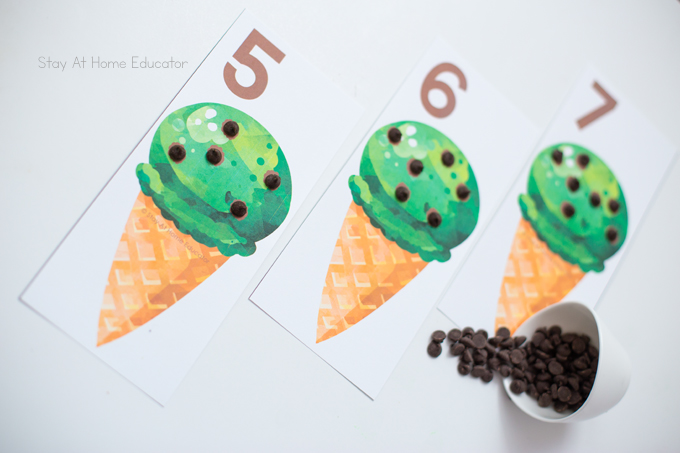 ice cream activities for preschoolers using ice cream cone counting cards to teach one to one correspondence and number order. Use these in ice cream them preschool lesson plans.