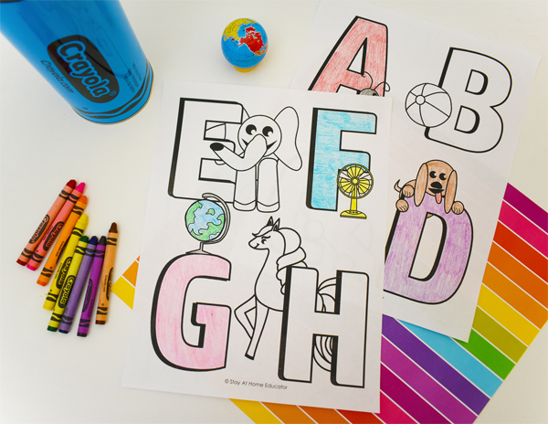 e is for elephant, f is for fan, g is for globe, h is for horse mini alphabet coloring pages